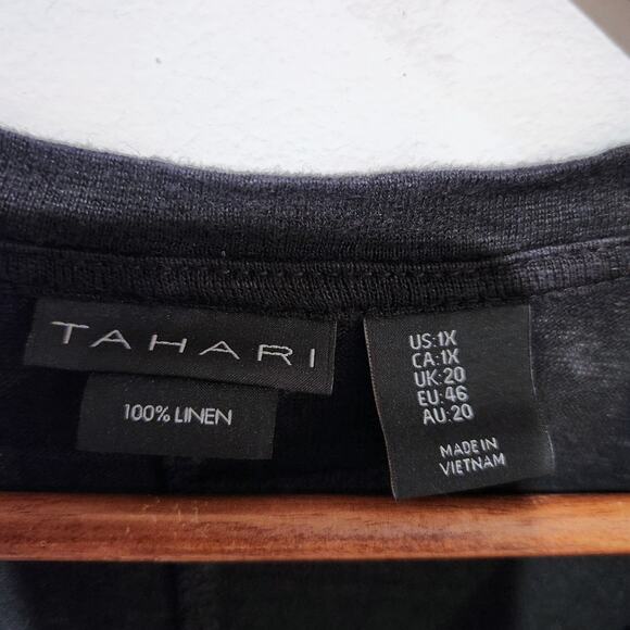 Tahari Womens Black 100% Linen V Neck Asymmetrical Top Size 1X Beach Coastal - Picture 3 of 9